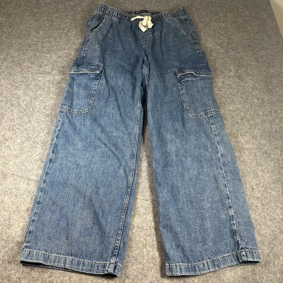 GAP Denim High Rise Wide Leg Cargo Pants Women’s Medium Blue Jeans Elastic Waist - Picture 1 of 9